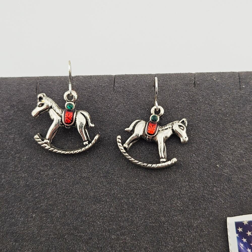 Rocking Horse Silver Tone Earrings Dangle Drop Old Fashioned Christmas Nostalgia